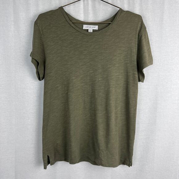 Amour Vert Top Olive Green Organic Cotton Tee Slub Knit Capsule Sustainable Fall - Picture 1 of 5